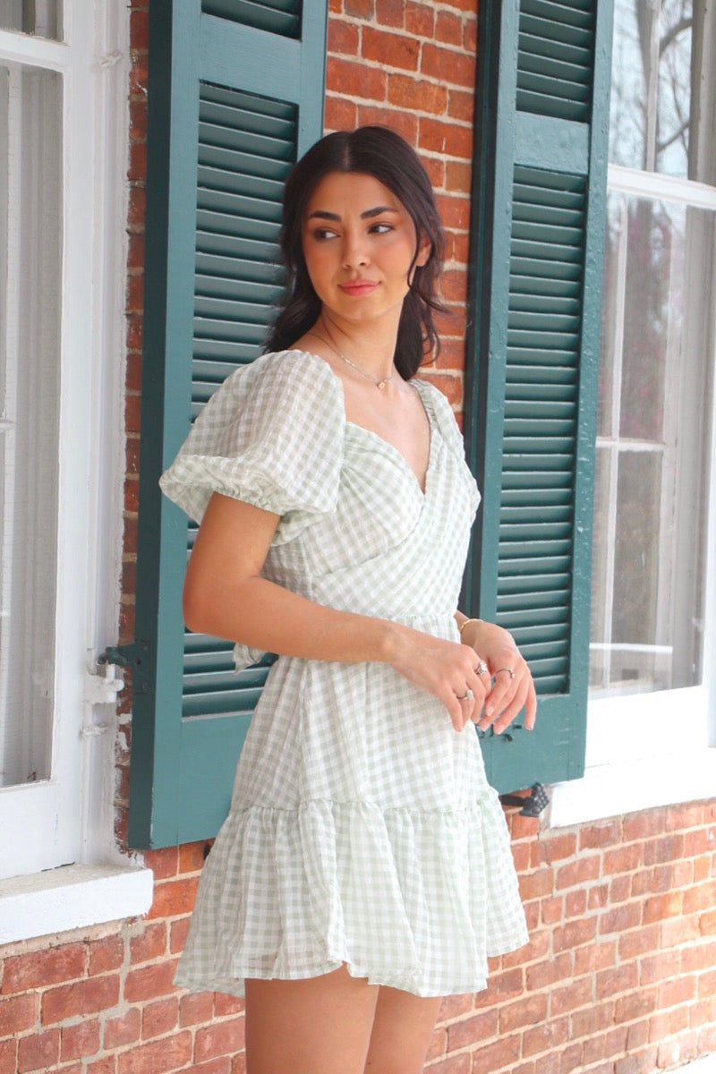Daydreamer Gingham Puff Sleeve Dress Sage